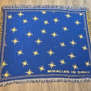 Vintage 90s Celestial Stars Throw Blanket Blue Gold Miracles In Sight Tapestry